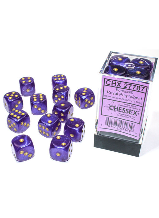 Borealis 12 * D6 Royal Purple / Gold 16mm Luminary Chessex Dice (CHX27787)