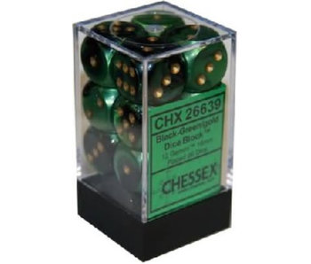 Gemini 12 * D6 Black-Green / Gold 16mm Chessex Dice (CHX26639)