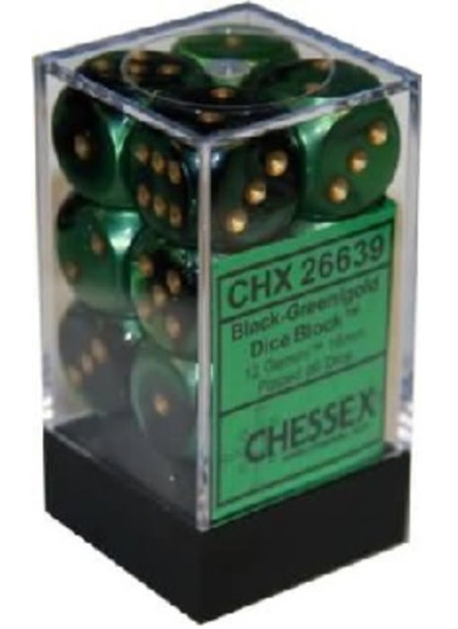 Gemini 12 * D6 Black-Green / Gold 16mm Chessex Dice (CHX26639)