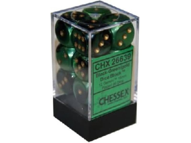 Chessex Gemini 12 * D6 Black-Green / Gold 16mm Chessex Dice (CHX26639)