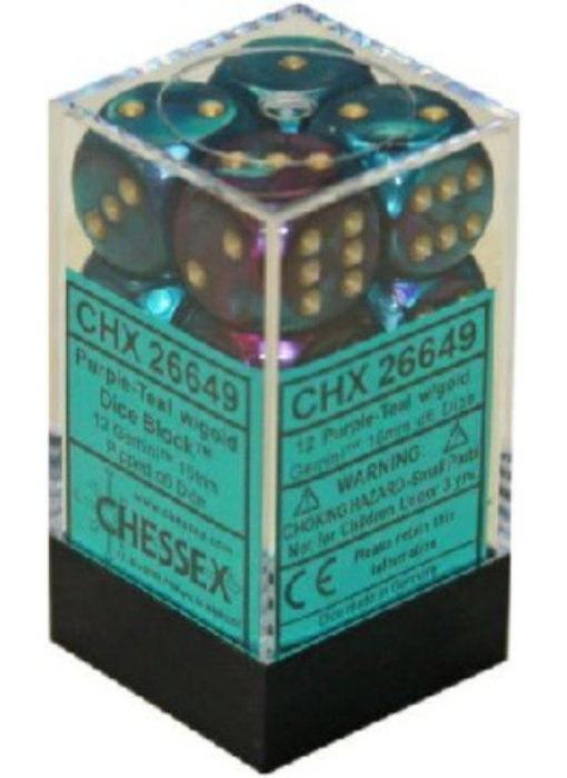 Gemini 12 * D6 Purple-Teal / Gold 16mm Chessex Dice (CHX26649)