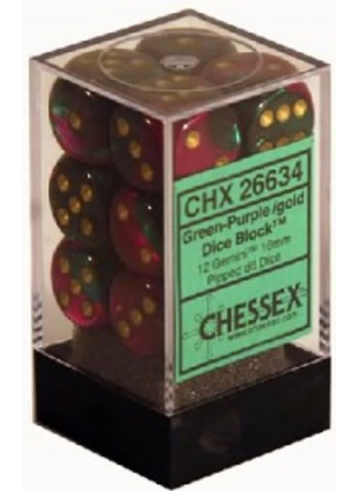 Gemini 12 * D6 Green-Purple / Gold 16mm Chessex Dice (CHX26634)