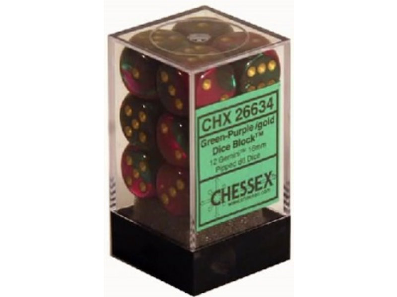 Chessex Gemini 12 * D6 Green-Purple / Gold 16mm Chessex Dice (CHX26634)