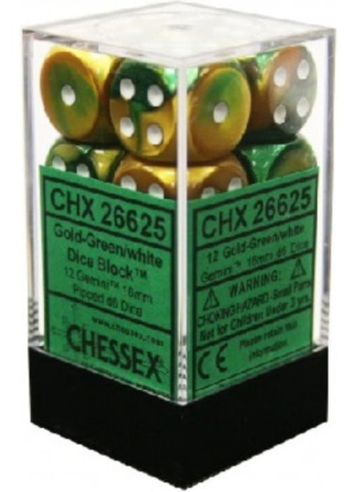 Gemini 12 * D6 Gold-Green / White 16mm Chessex Dice (CHX26625)