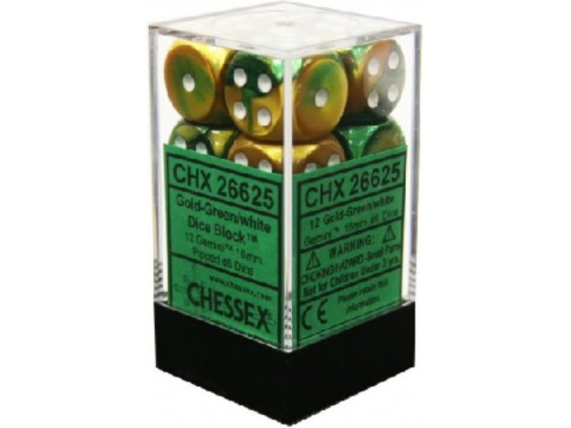 Chessex Gemini 12 * D6 Gold-Green / White 16mm Chessex Dice (CHX26625)