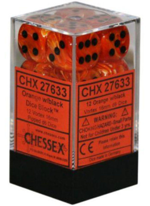 Vortex 12 * D6 Orange / Black 16mm Chessex Dice (CHX27633)