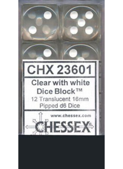 Translucent 12 * D6 Clear / White 16mm Chessex Dice (CHX23601)