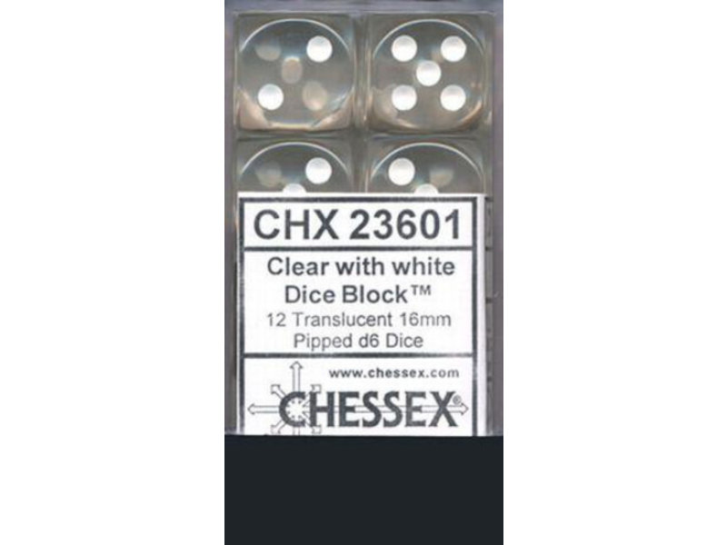 Chessex Translucent 12 * D6 Clear / White 16mm Chessex Dice (CHX23601)