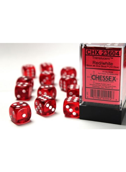 Translucent 12 * D6 Red / White 16mm Chessex Dice (CHX23604)