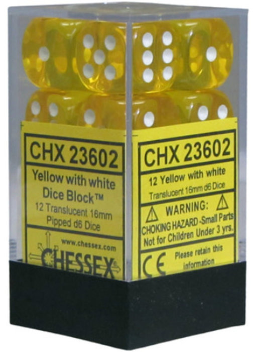 Translucent 12 * D6 Yellow / White 16mm Chessex Dice (CHX23602)