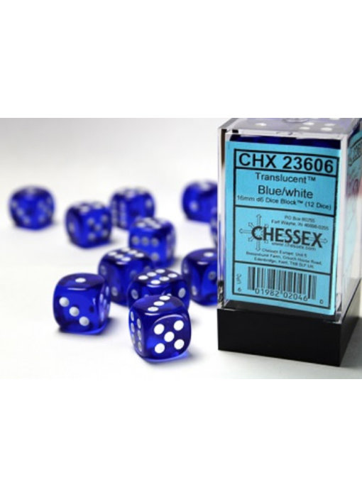 Translucent 12 * D6 Blue / White 16mm Chessex Dice (CHX23606)