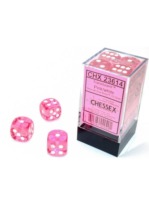 Translucent 12 * D6 Pink / White 16mm Chessex Dice (CHX23614)