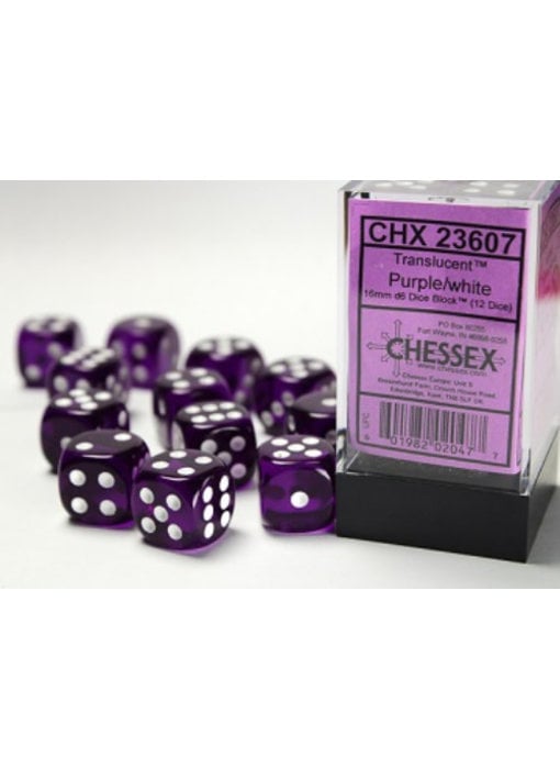 Translucent 12 * D6 Purple / White 16mm Chessex Dice (CHX23607)