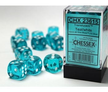 Translucent 12 * D6 Teal / White 16mm Chessex Dice (CHX23615)