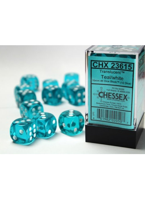 Translucent 12 * D6 Teal / White 16mm Chessex Dice (CHX23615)