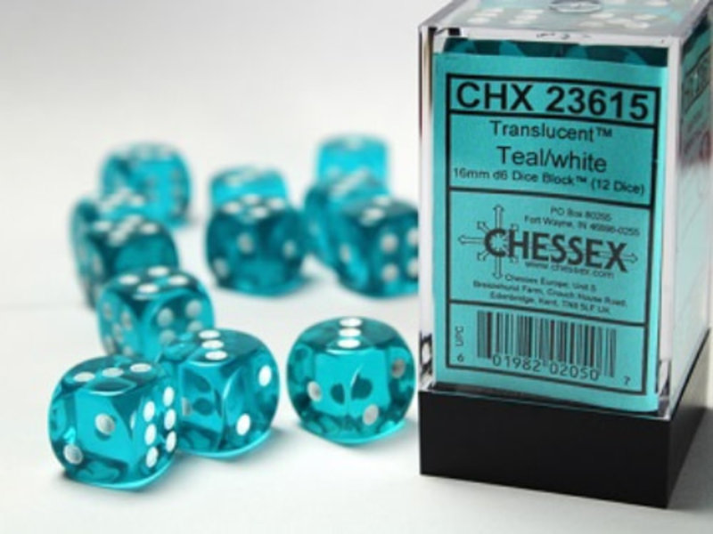 Chessex Translucent 12 * D6 Teal / White 16mm Chessex Dice (CHX23615)