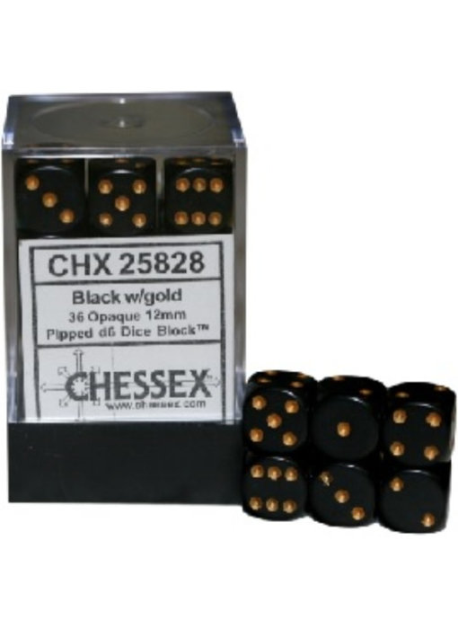 Opaque 36 * D6 Black / Gold 12mm Chessex Dice (CHX25828)