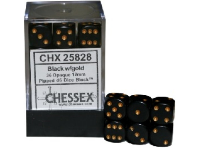 Chessex Opaque 36 * D6 Black / Gold 12mm Chessex Dice (CHX25828)