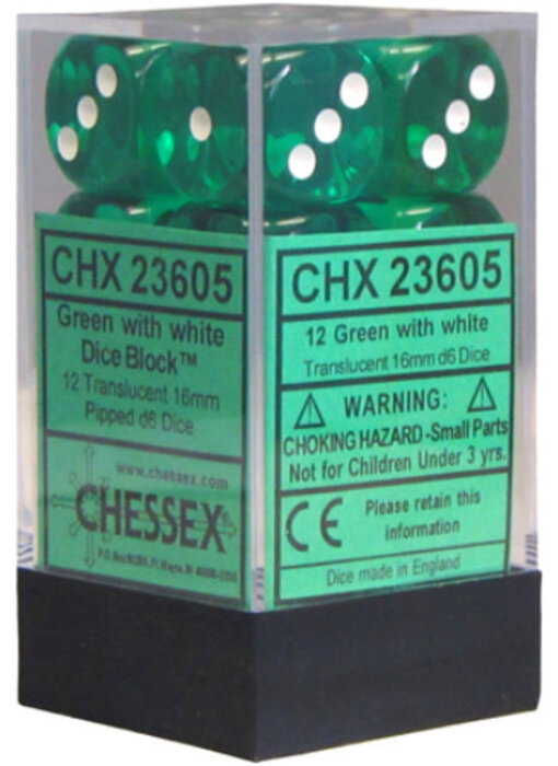 Translucent 12 * D6 Green / White 16mm Chessex Dice (CHX23605)