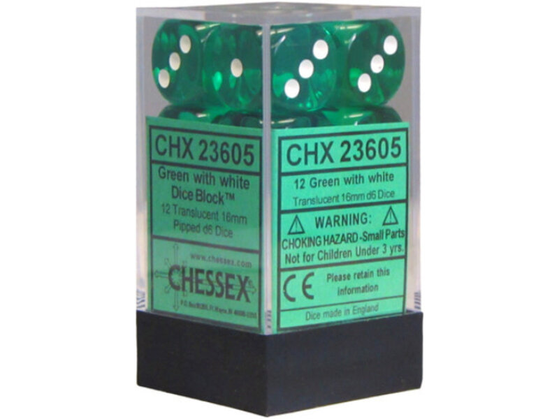 Chessex Translucent 12 * D6 Green / White 16mm Chessex Dice (CHX23605)