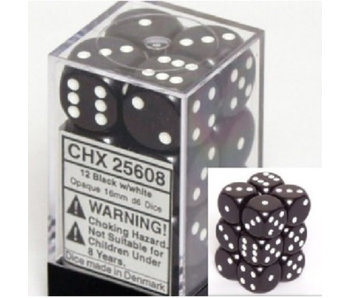 Opaque 12 * D6 Black / White 16mm Chessex Dice (CHX25608)