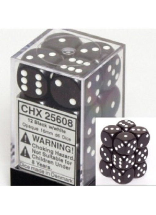 Opaque 12 * D6 Black / White 16mm Chessex Dice (CHX25608)