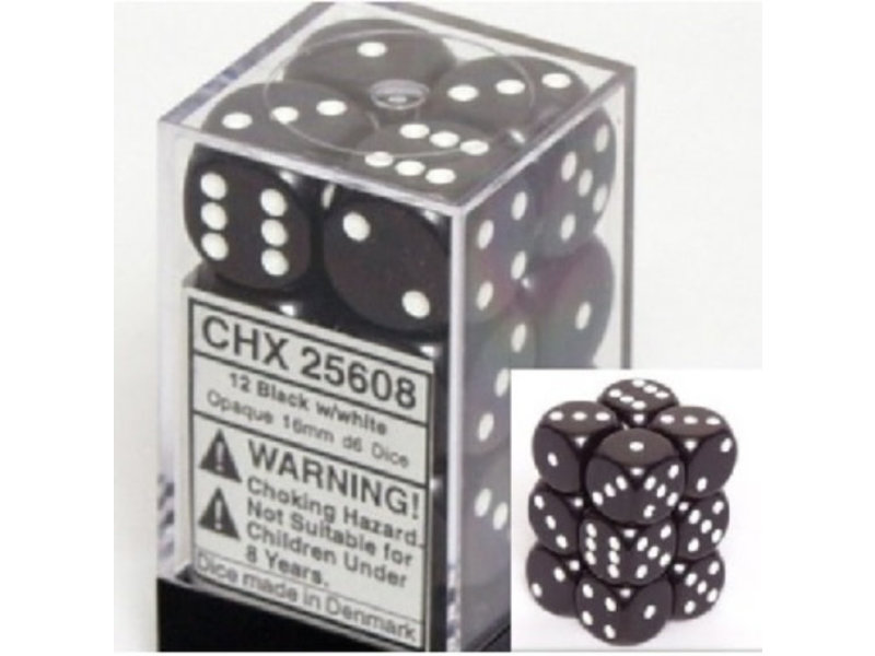 Chessex Opaque 12 * D6 Black / White 16mm Chessex Dice (CHX25608)