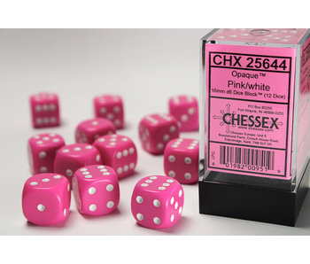 Opaque 12 * D6 Pink / White 16mm Chessex Dice (CHX25644)