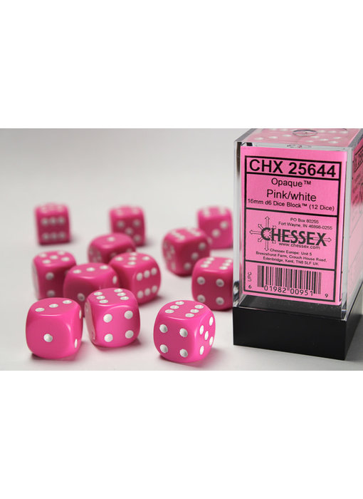 Opaque 12 * D6 Pink / White 16mm Chessex Dice (CHX25644)