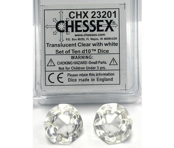 Translucent 10 * D10 Clear / White Chessex Dice (CHX23201*)