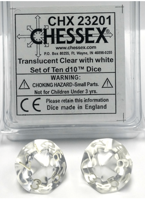 Translucent 10 * D10 Clear / White Chessex Dice (CHX23201*)