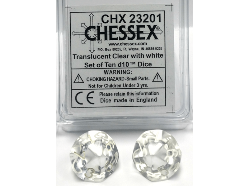 Chessex Translucent 10 * D10 Clear / White Chessex Dice (CHX23201*)