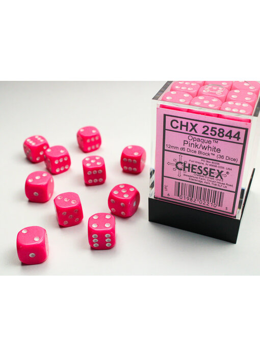 Opaque 36 * D6 Pink / White 12mm Chessex Dice (CHX25844)