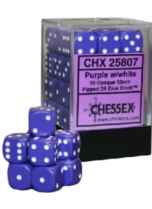 Opaque 36 * D6 Purple / White 12mm Chessex Dice (CHX25807)