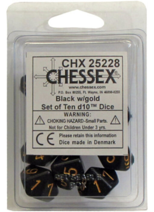 Opaque 10 * D10 Black / Gold Chessex Dice (CHX25228)