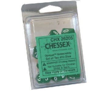 Opaque 10 * D10 Green / White Chessex Dice (CHX26205)