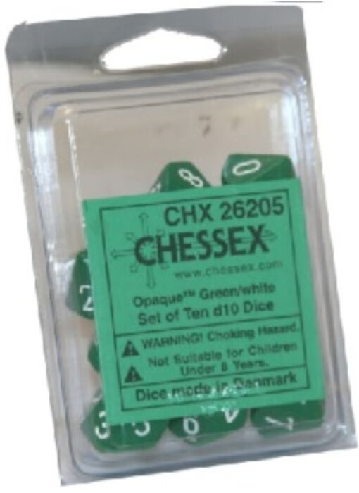 Opaque 10 * D10 Green / White Chessex Dice (CHX26205)