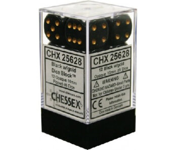 Opaque 12 * D6 Black / Gold 16mm Chessex Dice (CHX25628)