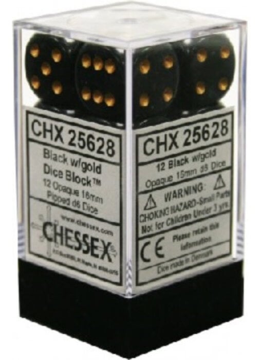 Opaque 12 * D6 Black / Gold 16mm Chessex Dice (CHX25628)