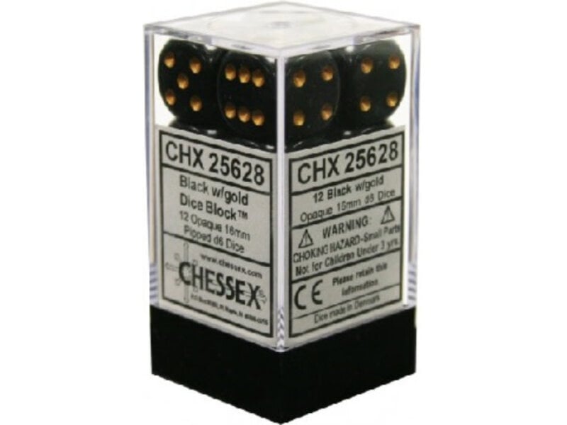 Chessex Opaque 12 * D6 Black / Gold 16mm Chessex Dice (CHX25628)