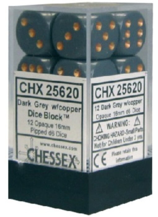 Opaque 12 * D6 Dark Grey / Copper 16mm Chessex Dice (CHX25620)