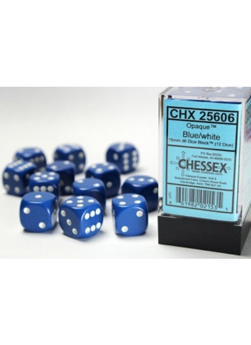 Opaque 12 * D6 Blue / White 16mm Chessex Dice (CHX25606)