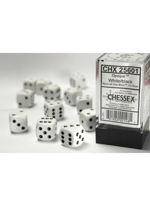 Opaque 12 * D6 White / Black 16mm Chessex Dice (CHX25601)