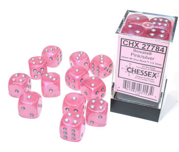 Borealis 12 * D6 Pink / Silver 16mm Luminary Chessex Dice (CHX27784)