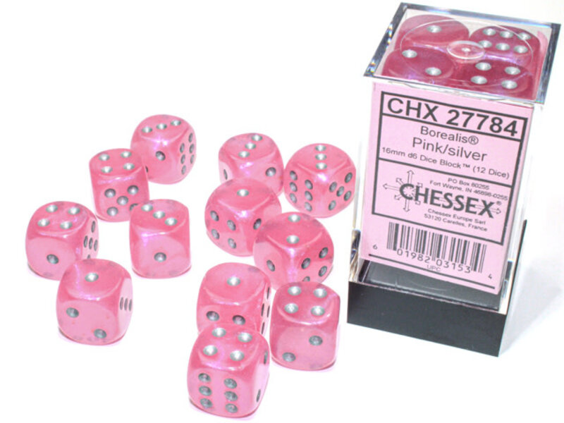 Chessex Borealis 12 * D6 Pink / Silver 16mm Luminary Chessex Dice (CHX27784)