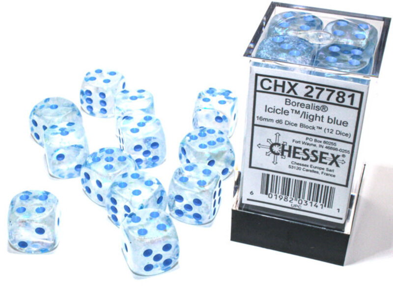 Chessex Borealis 12 * D6 Icicle / Light Blue 16mm Luminary Chessex Dice (CHX27781)