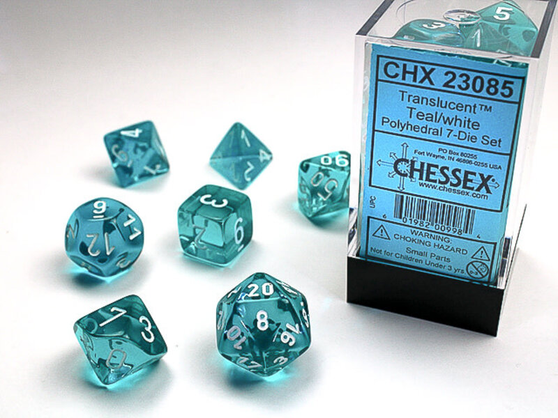Chessex Translucent 7-Die Set Teal / White - New Version Chessex Dice (CHX23085)