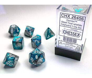 Gemini 7-Die Set Steel-Teal / White Chessex Dice (CHX26456)