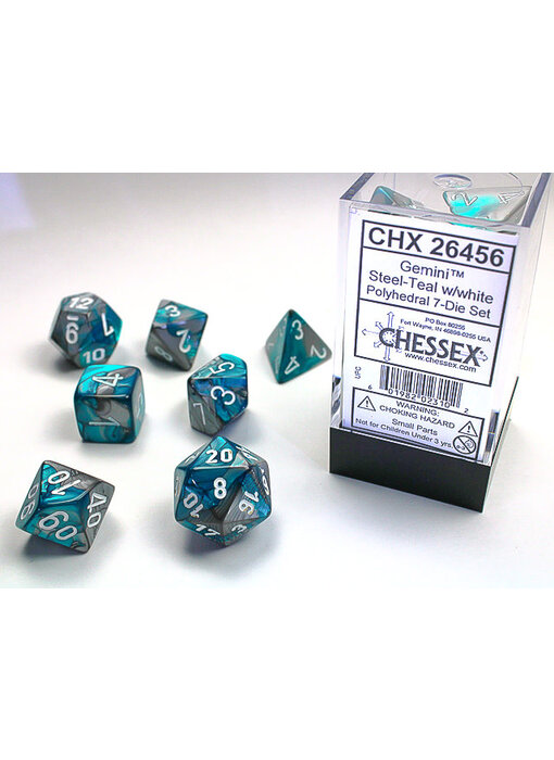 Gemini 7-Die Set Steel-Teal / White Chessex Dice (CHX26456)