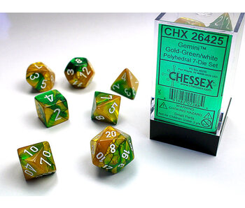 Gemini 7-Die Set Gold-Green / White Chessex Dice (CHX26425)